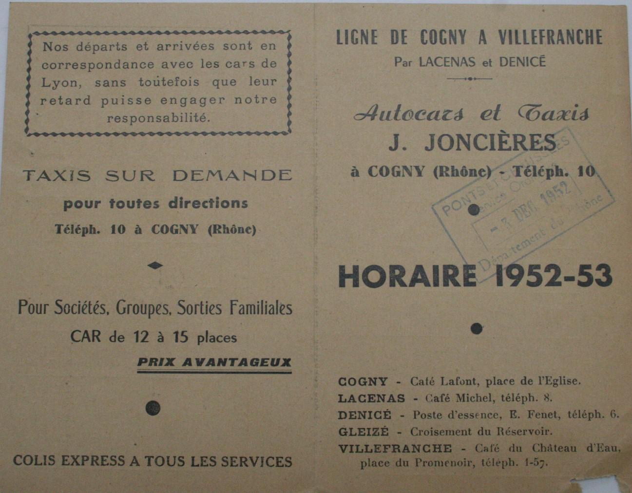Joncires timetable 1952 - 1953