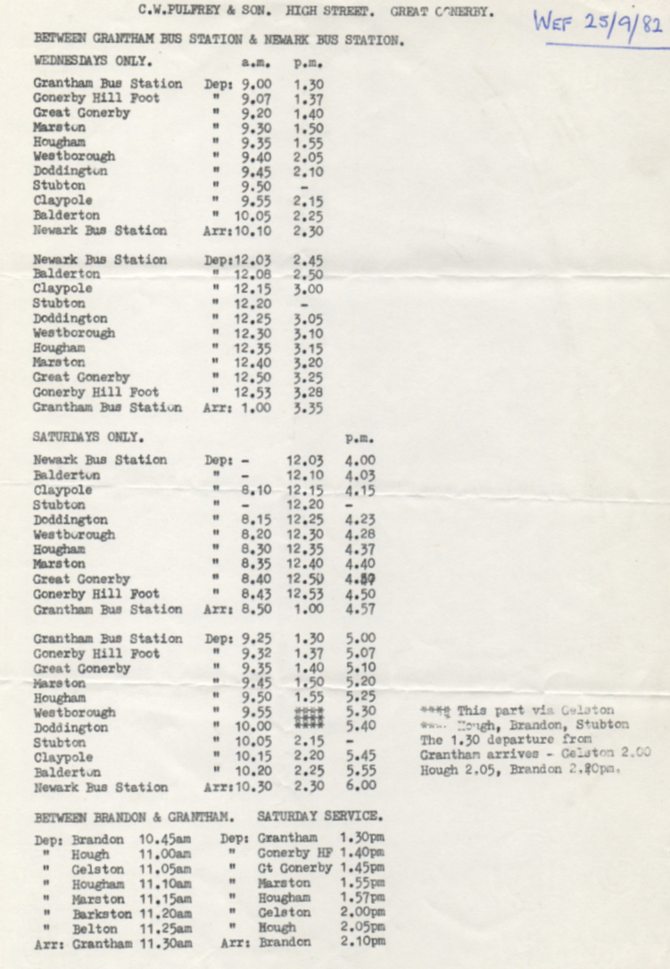 1982 Pulfrey timetable Grantham to Newark route