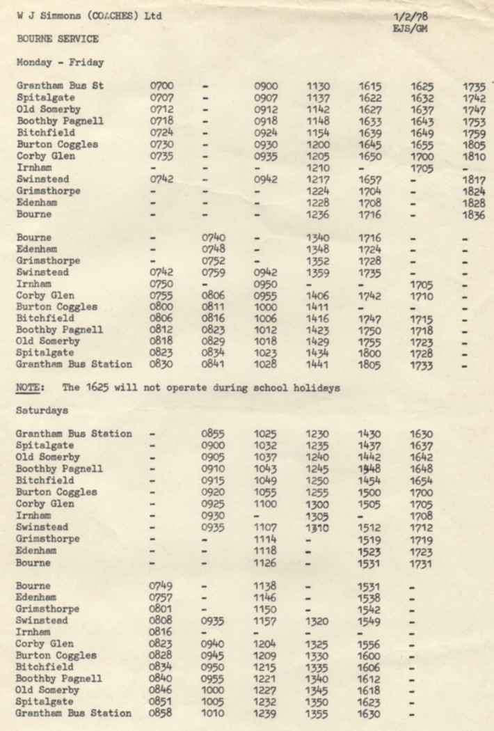 1978 timetable Grantham - Bourne
