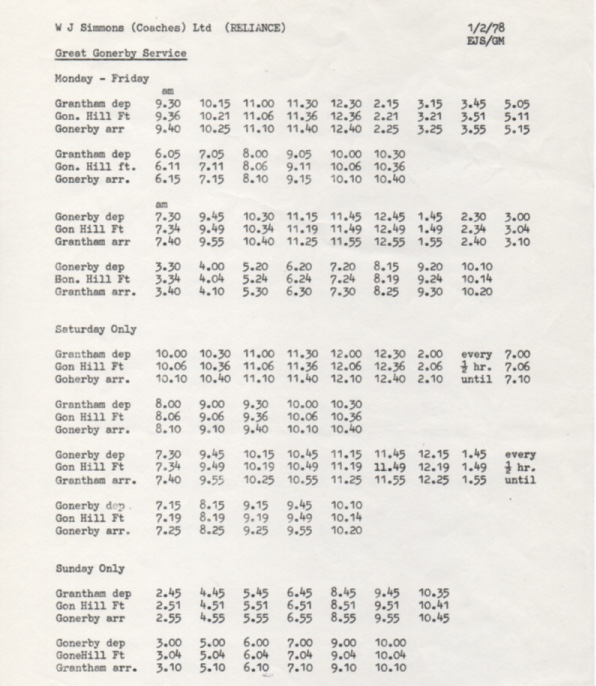 1978 timetable Reliance Great Gonerby route
