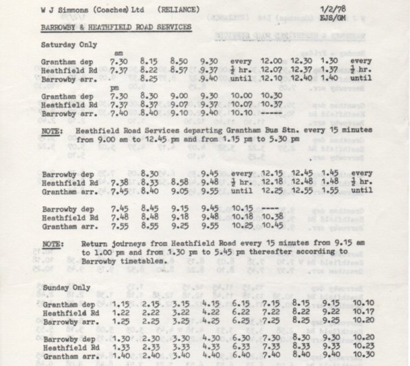 Reliance 1978 timetable Barrowby weekends