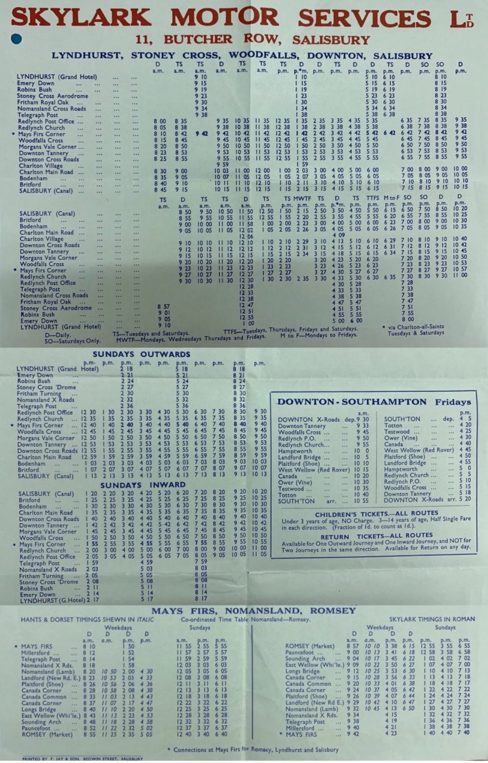 1950 poster timetable, route extended to Lyndhurst