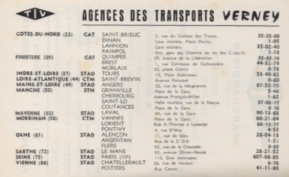List of Verney agencies from TIV 1969 timetable