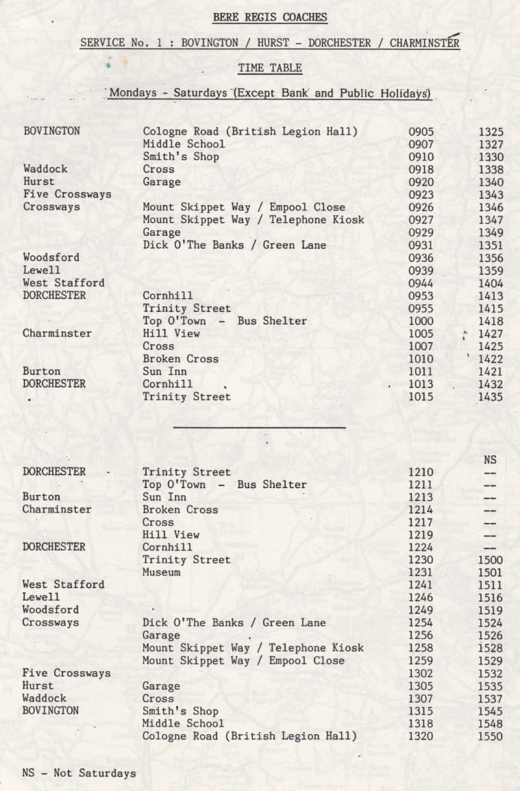Bere Regis timetable 1986