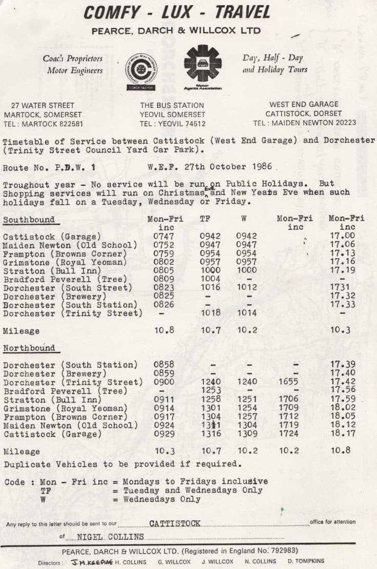 Cattitstock to Dorchester timetable 1986