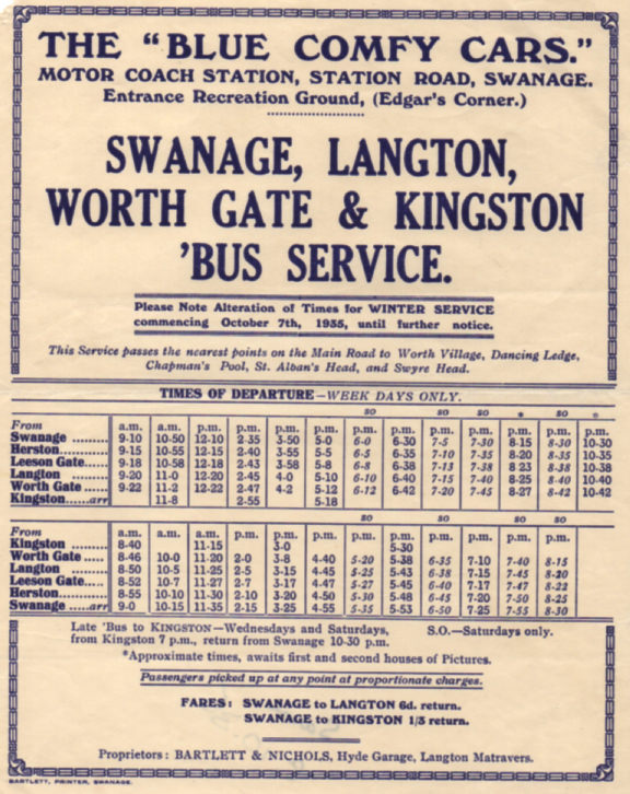 Winter 1935 timetable Swanage to Kingston