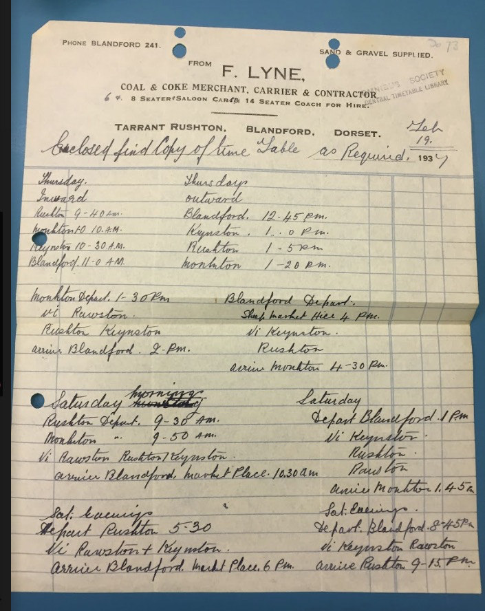 1937 hand written timetable for Blandford route