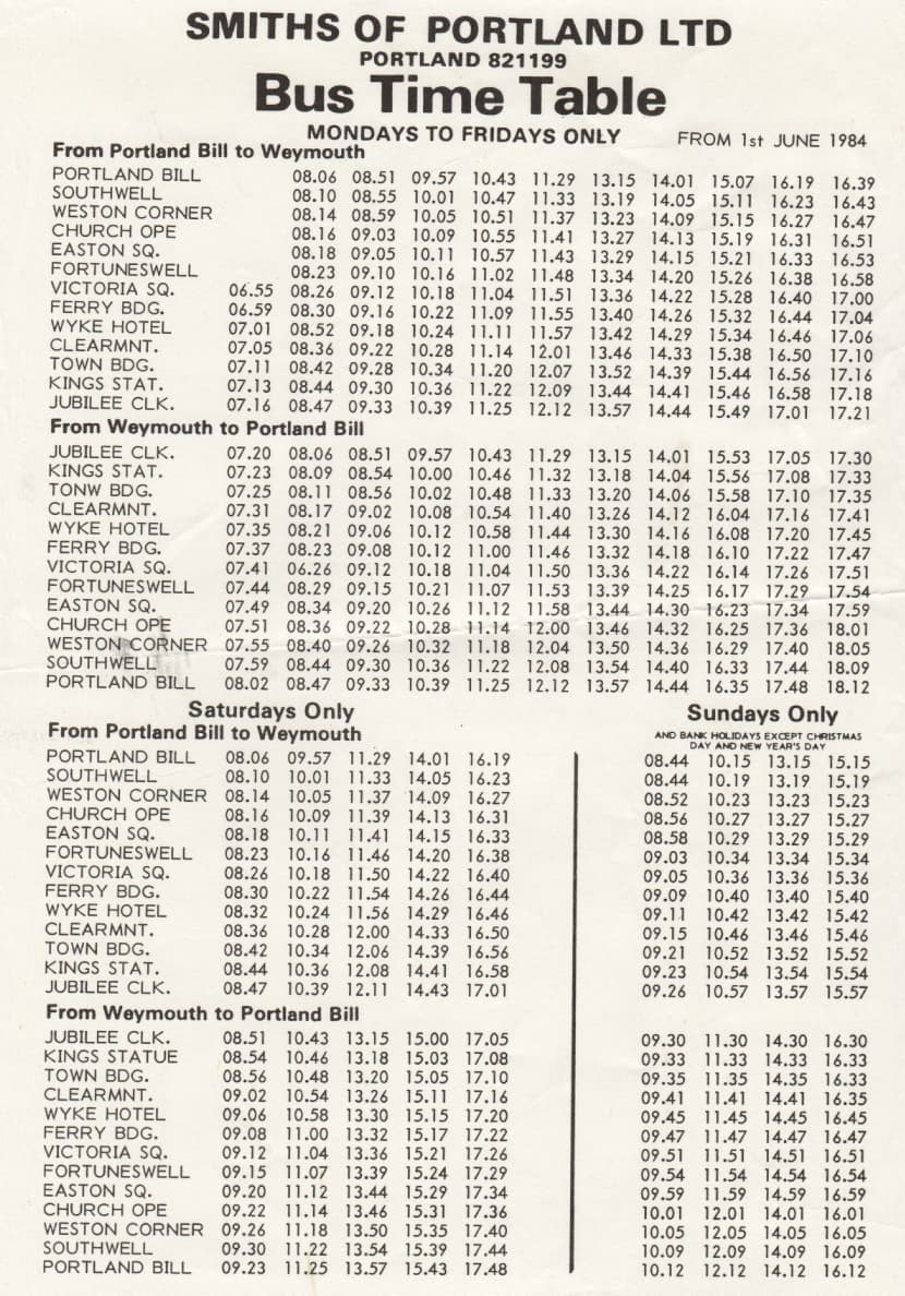 1984 timetable Smiths of Portland
