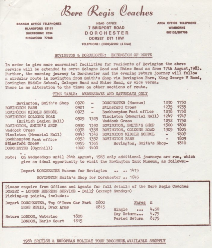 1983 timetable Bovington Camp route