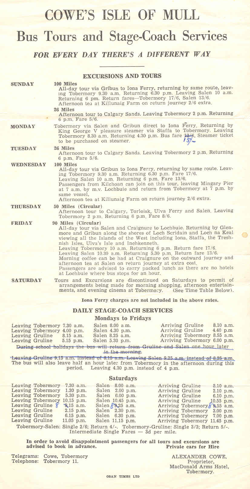 Cowe's timetable 1960s
