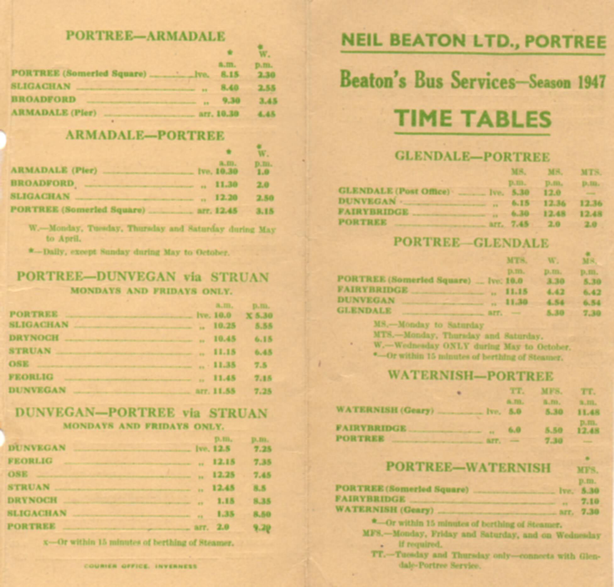 page one of 1947 timetable card