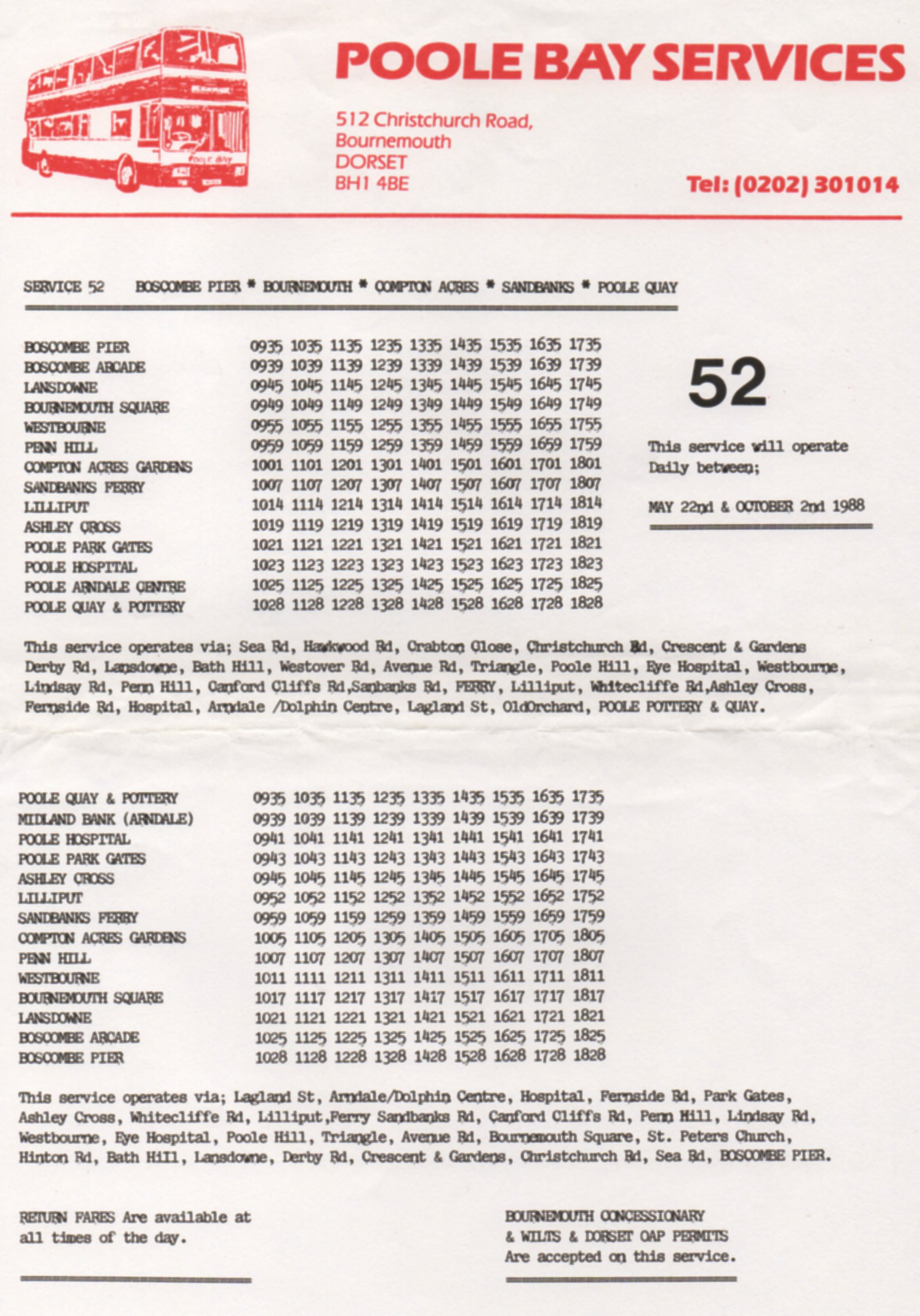 Route 52 timetable