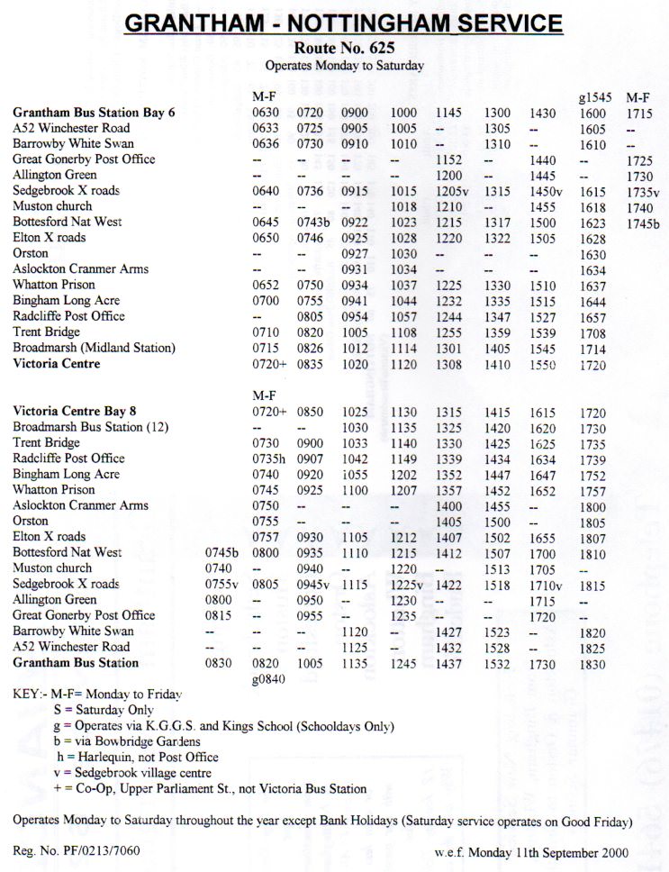timings from 625 timetable leaflet september 2000