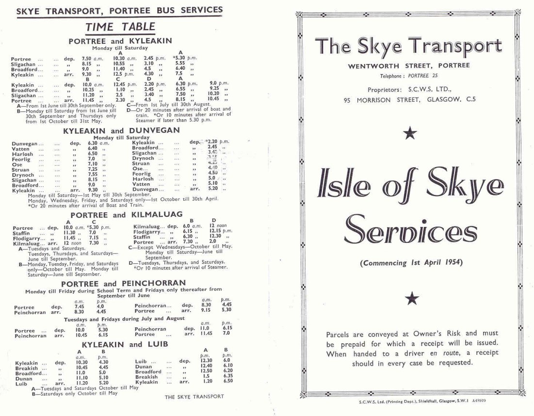 April 1954 Skye Transport timetable