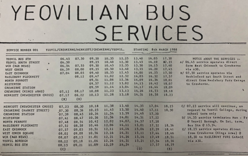 revised timetable with 001 cut back to Merriott